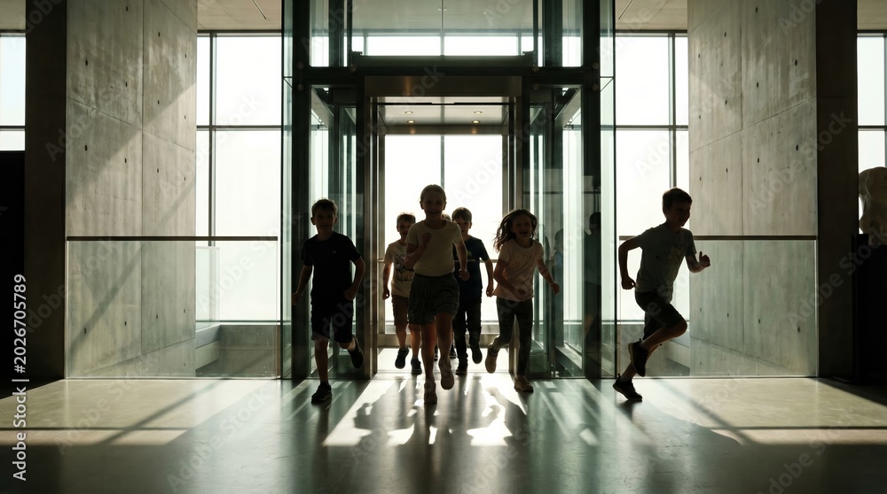 Fototapeta premium Group of children running through glass entrance of modern building, with sunlight casting long shadows on the floor and concrete walls visible in the background