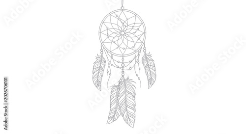 фотографія Dreamcatcher Outline Illustration with Feathers and Beads