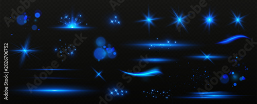 
Light effect. Bright star. Light explodes on a transparent background. Bright sun. Blue bright flashes.