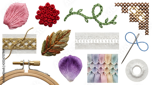 Collection of colorful embroidery art supplies and needlework elements
