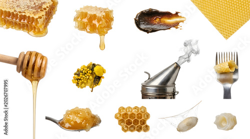 Natural golden honey honeycomb beeswax beekeeping products assortment