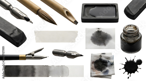 Traditional art supplies for calligraphy and drawing including ink nibs charcoal
