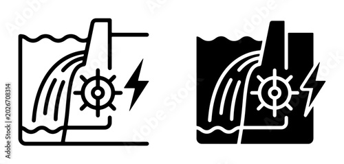 Tableau sur toile Hydroelectric Power Icons: Dam, Turbine, Water Flow, Energy Symbol, Clean Energy