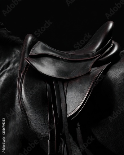 Black leather saddle on a dark horse under low key light, ideal for equestrian sport, riding school, and premium tack advertising.