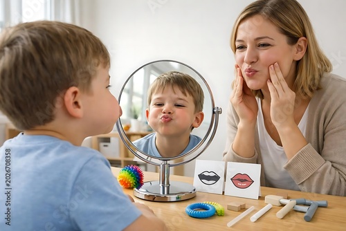 Speech therapist guiding child articulation practice with mirror feedback activity