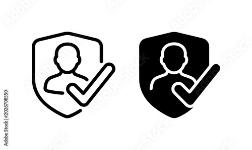 User Protection Icons, Security Shield with Person and Checkmark, Privacy Assurance Symbols, Data Safety and Access Control Graphics