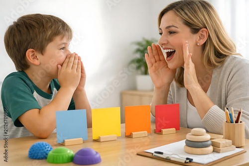 Child practicing speech sounds with color cards during language therapy