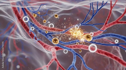 Detailed Visualization of Human Blood Vessels with Moving Cells and Particles in Red and Blue Veins Illustrating Biological Processes and Vascular Health
