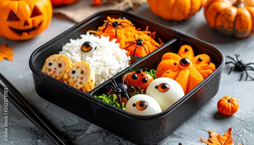 Halloween bento box with festive food decorations on gray surface