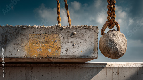 Construction site safety with heavy concrete block and lifting equipment against cloudy sky