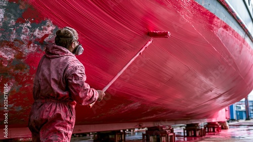 A worker in a respirator applying dark antifouling paint to a yacht hull in dry dock with support blocks below.
