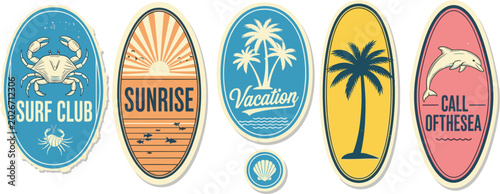 Vintage beach sticker badge illustration set, coastal summer artwork, retro seaside design, ocean travel decorative composition, tropical vacation graphic vector