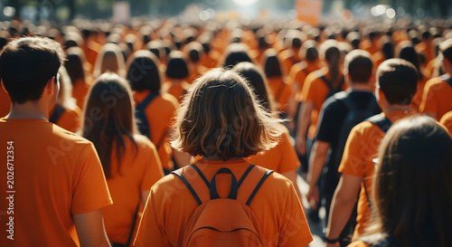 Group of people wearing orange shirts walking outdoors