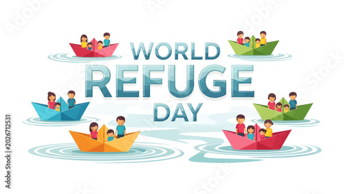 Bild auf Leinwand World Refugee Day: A symbolic illustration depicting paper boats carrying families across the water, representing the journey of refugees and commemorating World Refugee Day