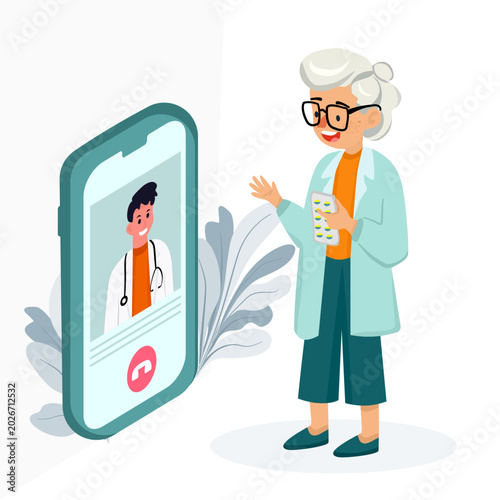 Flat vector illustration of an elderly woman holding a blister pack and talking to a virtual doctor on a screen. Concept of telemedicine app, pharmaceutical care, and remote medical support.