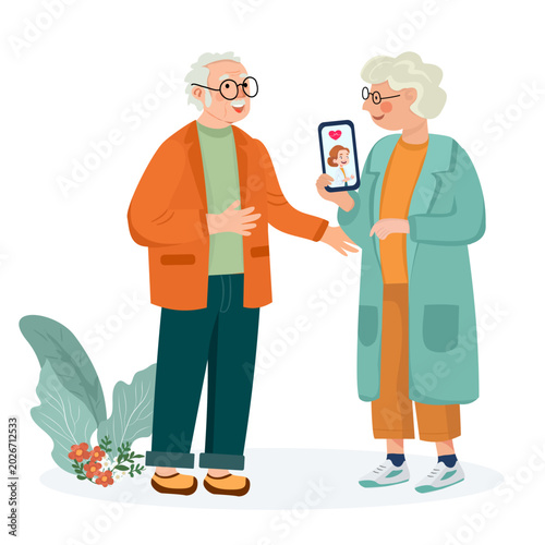 Flat vector illustration of a happy elderly man and woman looking at a smartphone screen together. Concept of senior communication, online connection, and modern lifestyle on a beige background.