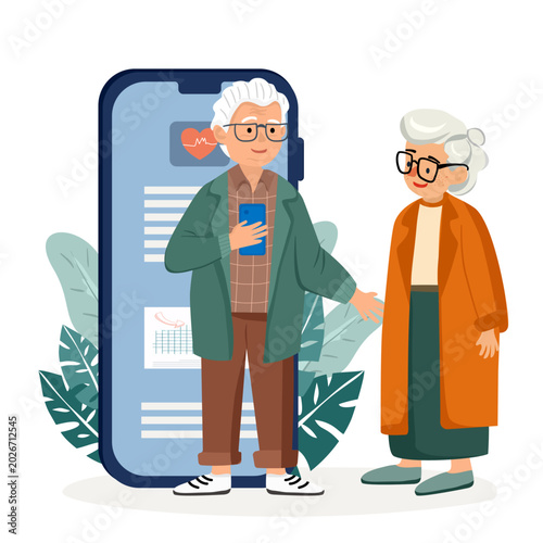 Flat vector illustration of a senior couple standing next to a giant smartphone with a health tracking app. Concept of eldercare technology, digital literacy, and e-health for older adults.