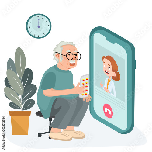 Flat vector illustration of an elderly man holding a pill bottle and video calling a female doctor on a phone. Concept of online pharmacy, medicine consultation, and digital healthcare service.
