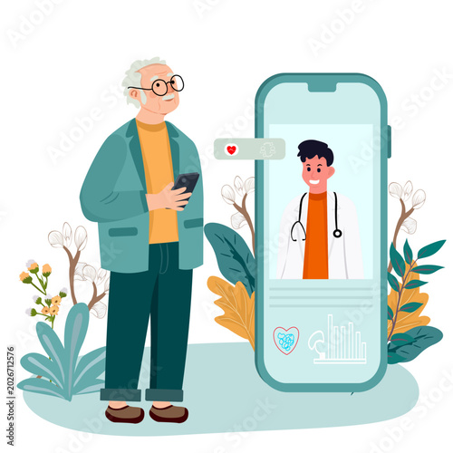 Flat vector illustration of a senior man video calling a professional male doctor on a large phone screen. Concept of digital medicine, online healthcare clinic, and remote medical advice.