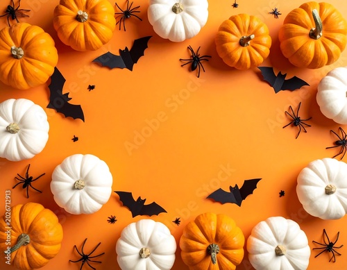 Halloween composition with pumpkins bats and spiders on orange background