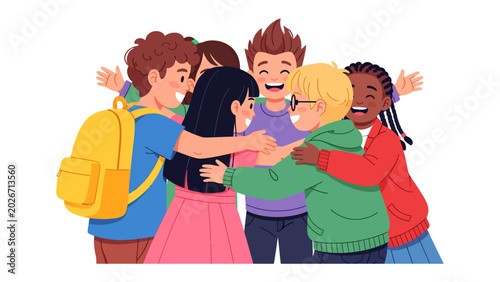 Tableau sur toile Joyful Embrace: A diverse group of happy children share a warm hug, radiating friendship and togetherness in a vibrant illustration