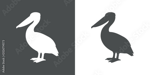 Logotipo con dibujo minimalista de la silueta de un pelícano, visto de perfil