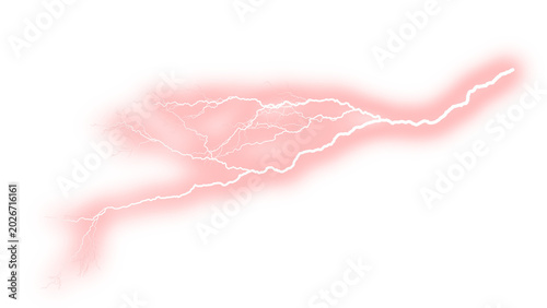 Fotografi Red lightning bolt with glowing electric aura, powerful pink energy discharge, a