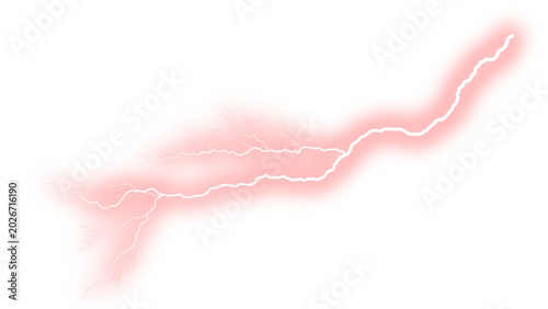 Red lightning bolt with glowing electric aura, powerful pink energy discharge, atmospheric electrical storm flash for creative design isolated PNG with Transparent Background