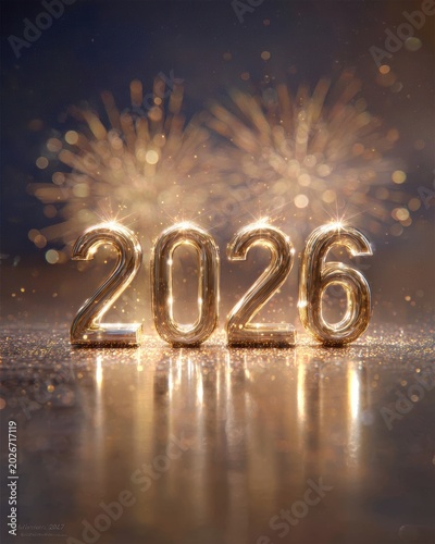 Golden 2026 illuminated against a firework display, sparkling with celebratory anticipation and joy.