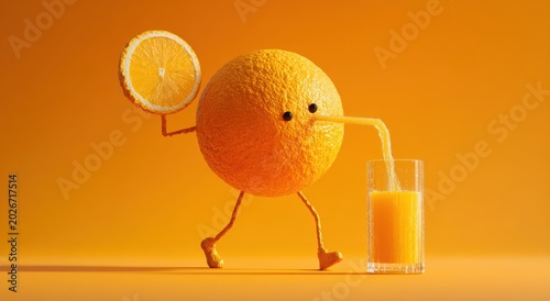 Whimsical orange character pouring fresh juice. Playful and vibrant, evoking a sense of fun and healthy living.