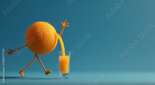 A whimsical image of a walking orange pouring fresh juice into a glass against a teal backdrop.