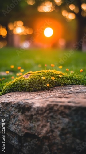 Golden Sunset Mossy Garden Rock with Tiny Wildflowers