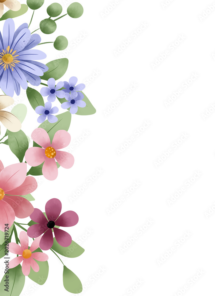 Obraz premium Floral background, flowers frame border for greeting card, invitation and other printing design. Isolated on white. Hand drawing.