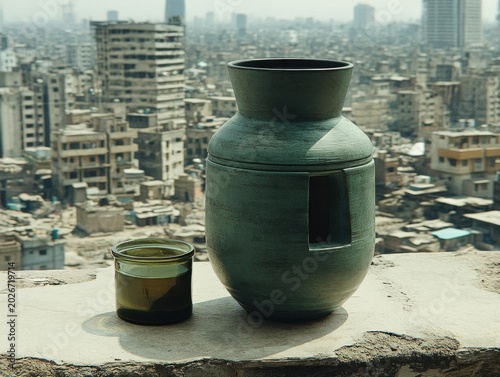 Matte Green Handmade Ceramic Vase and Candle Jar on Rooftop City Skyline