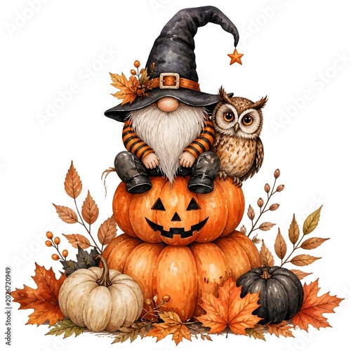 Halloween gnome sitting on stack of pumpkins with owl companion