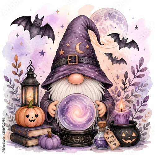 Cute Halloween gnome with magical crystal ball and bats