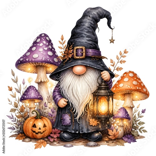 Halloween gnome with enchanted mushrooms and glowing lantern