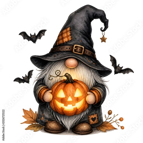Cute spooky gnome with glowing jack o lantern and tiny bats