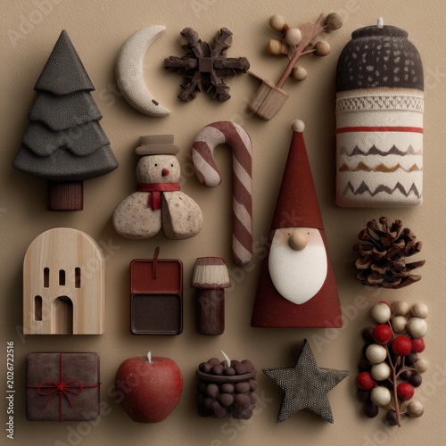 Holiday cheer abounds with a charming arrangement of Christmas and winter-themed decorations, top view.