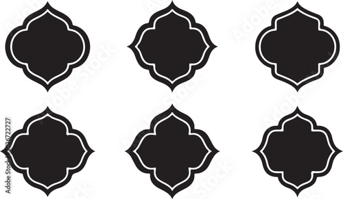 Set of six decorative black quatrefoil frames with elegant white borders for artistic invitations labels and graphic design projects in a simple style