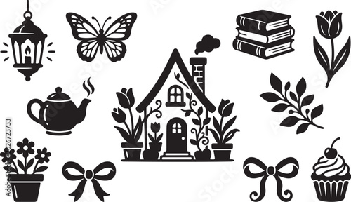 Whimsical black and white house with garden icons