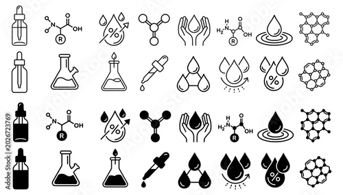 Canvastavla Skincare and cosmetic science vector icon collection with serum, hydration drops