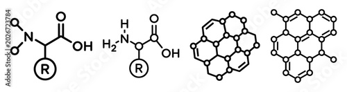 Fotografie Molecular chemistry vector icon set with amino acid formulas and graphene struct
