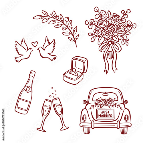 Photos Elegant wedding line art illustration set with just married car, rings, doves, a