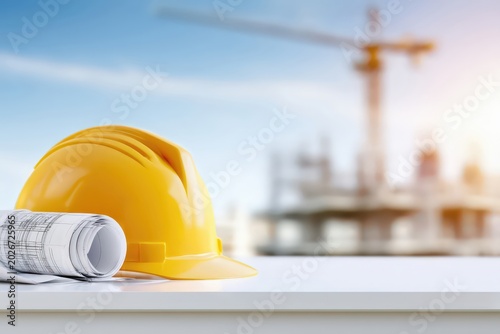 Construction helmet and blueprints on white table with blurred building site background, construction concept image with copy space