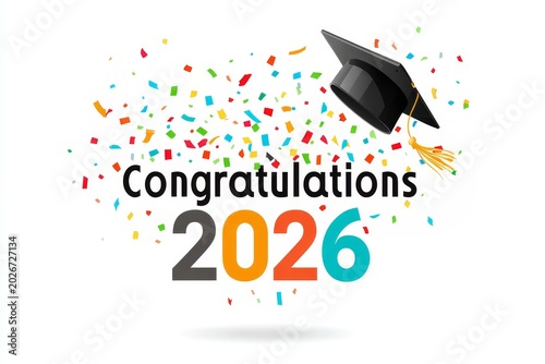 Playful vector graduation banner for class of 2026 featuring colorful confetti burst and festive fireworks on dark background for greeting cards, commencement invitations and posters