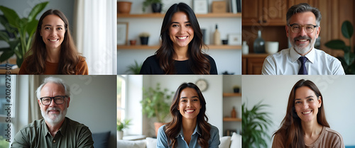Video conference call grid of six diverse smiling people in home office setting.