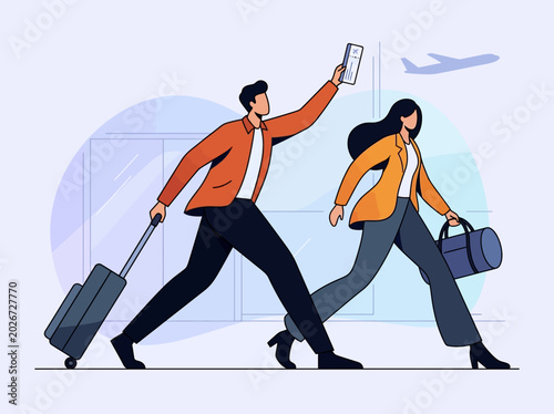 Konstfotografi Couple in a Hurry at Airport Terminal with Luggage and Boarding Pass - Flat Vect
