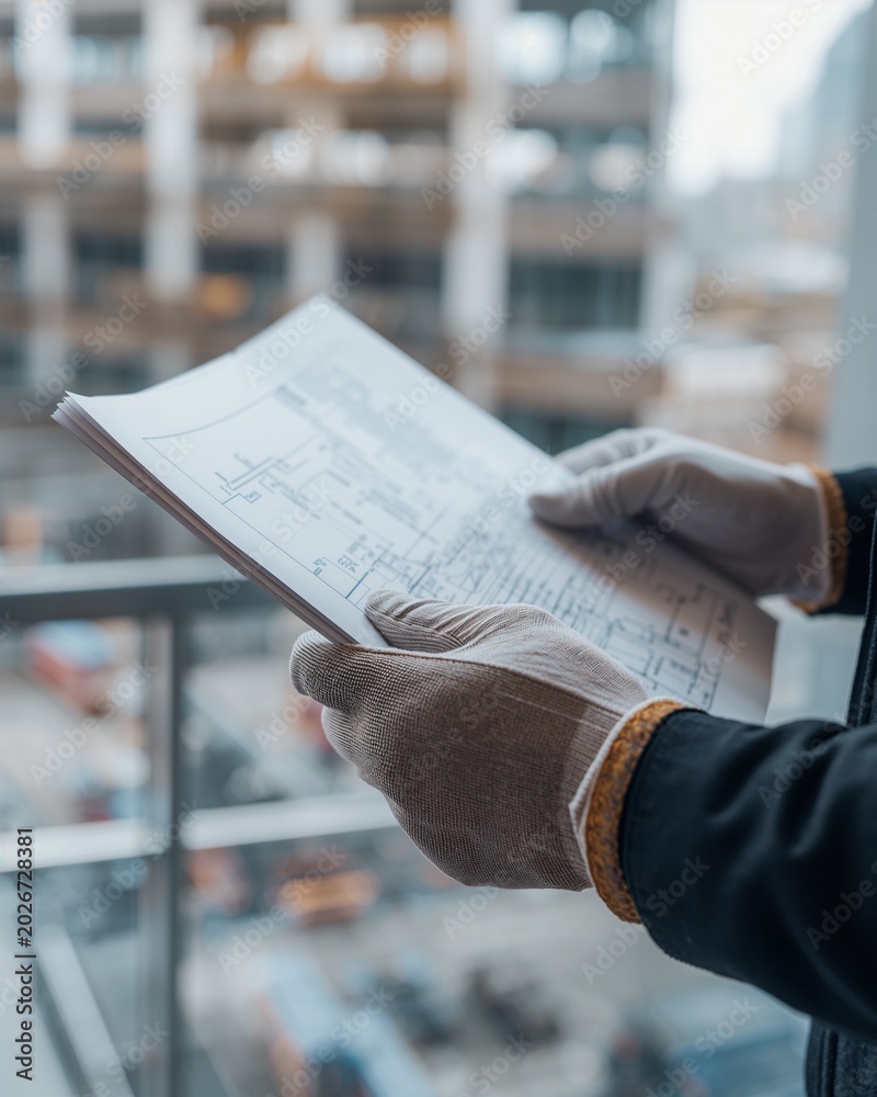 Naklejka premium Gloved Hands Reviewing Blueprint Plans On Construction Site