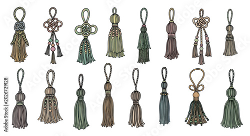 Set of Decorative Tassels, Bohemian Style, Hand Drawn Illustration